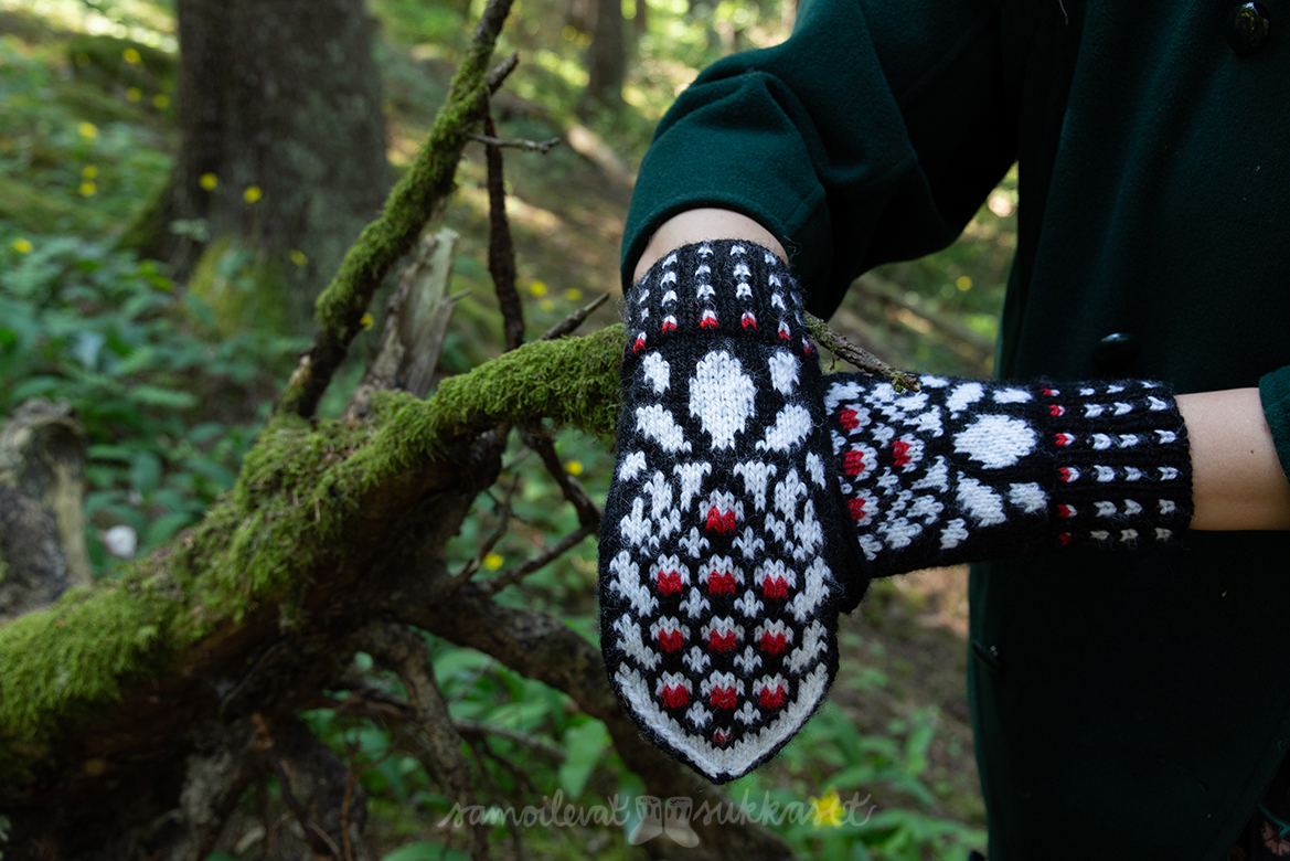 Lapasia lintumaailmasta_kohtelias käpytikka_iris tanttu_kirjoneulelapaset_pirkkalanka